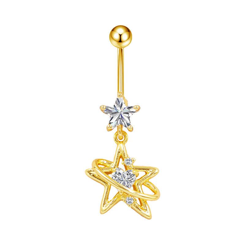 Three-dimensional Moon Copper Belly Ring With Electroplated Platinum And Zircon Inlay