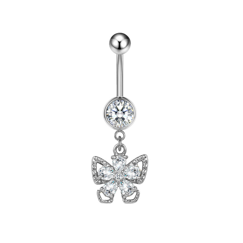 Three-dimensional Moon Copper Belly Ring With Electroplated Platinum And Zircon Inlay