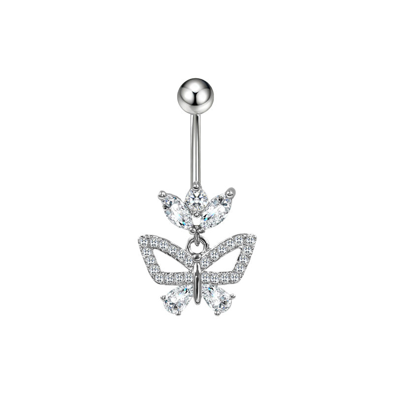 Three-dimensional Moon Copper Belly Ring With Electroplated Platinum And Zircon Inlay