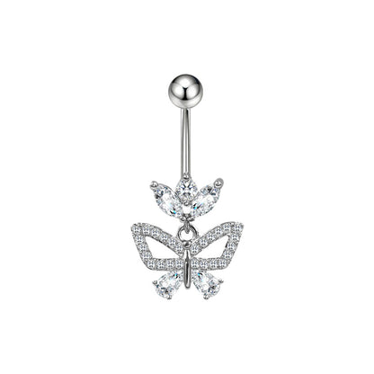 Three-dimensional Moon Copper Belly Ring With Electroplated Platinum And Zircon Inlay