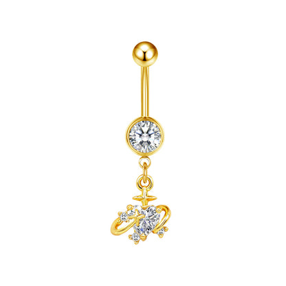 Three-dimensional Moon Copper Belly Ring With Electroplated Platinum And Zircon Inlay