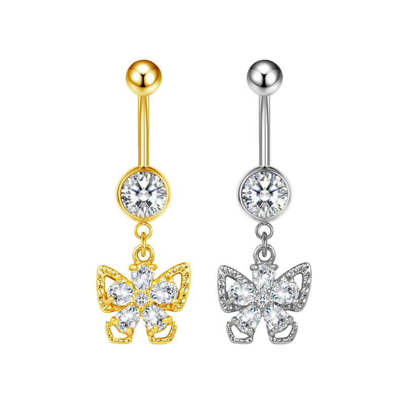 Three-dimensional Moon Copper Belly Ring With Electroplated Platinum And Zircon Inlay