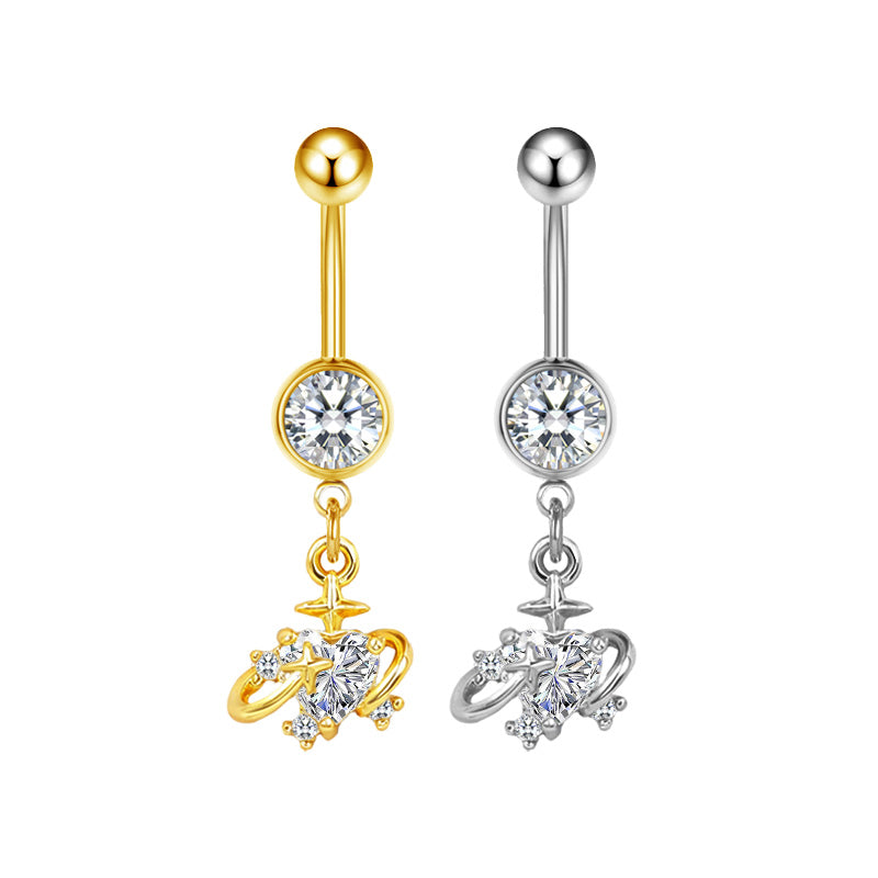 Three-dimensional Moon Copper Belly Ring With Electroplated Platinum And Zircon Inlay
