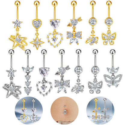 Three-dimensional Moon Copper Belly Ring With Electroplated Platinum And Zircon Inlay