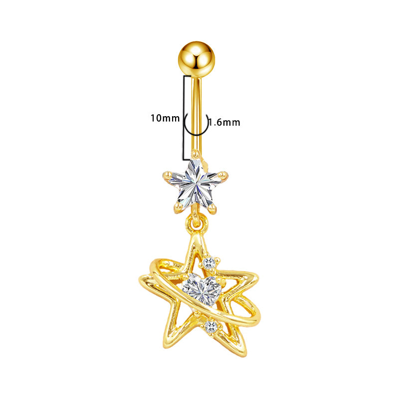 Three-dimensional Moon Copper Belly Ring With Electroplated Platinum And Zircon Inlay