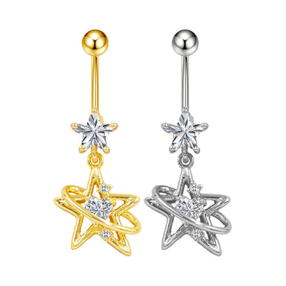 Three-dimensional Moon Copper Belly Ring With Electroplated Platinum And Zircon Inlay