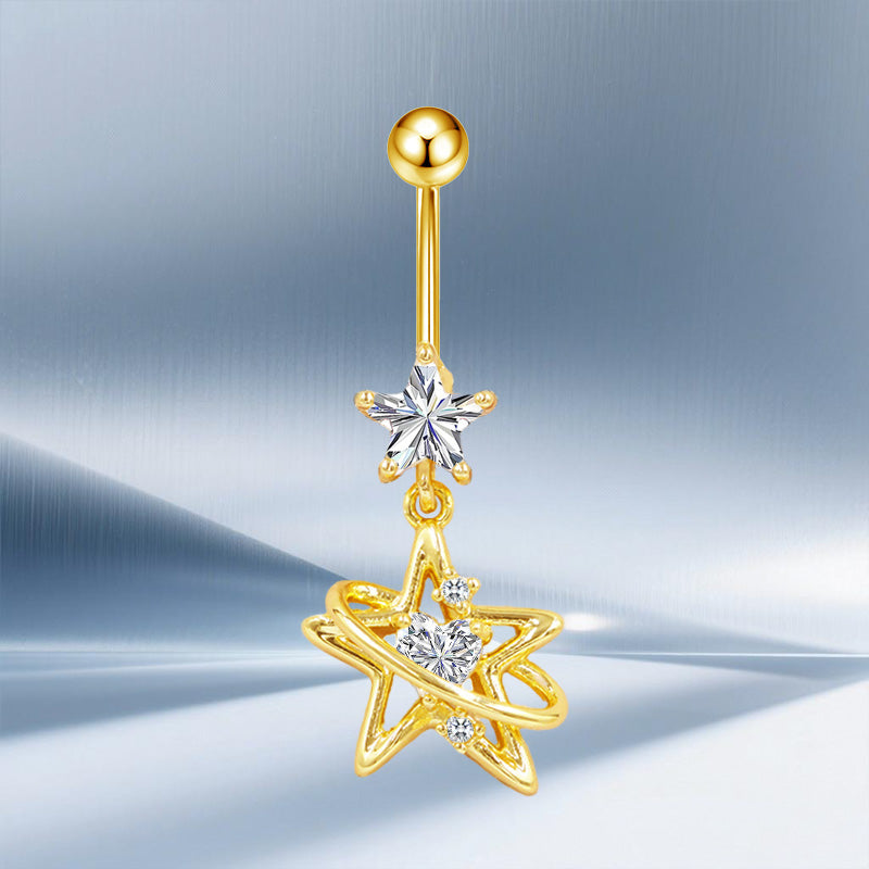 Three-dimensional Moon Copper Belly Ring With Electroplated Platinum And Zircon Inlay
