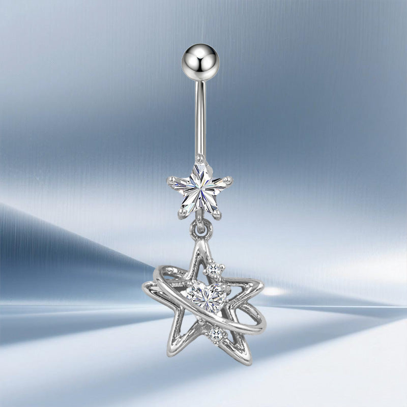 Three-dimensional Moon Copper Belly Ring With Electroplated Platinum And Zircon Inlay