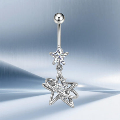Three-dimensional Moon Copper Belly Ring With Electroplated Platinum And Zircon Inlay