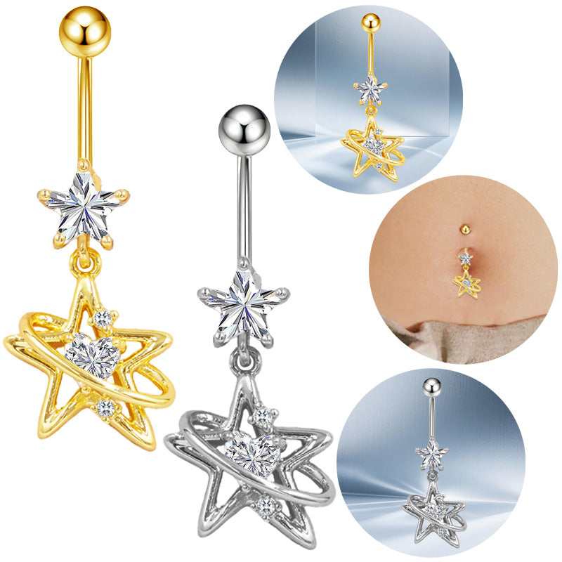 Three-dimensional Moon Copper Belly Ring With Electroplated Platinum And Zircon Inlay