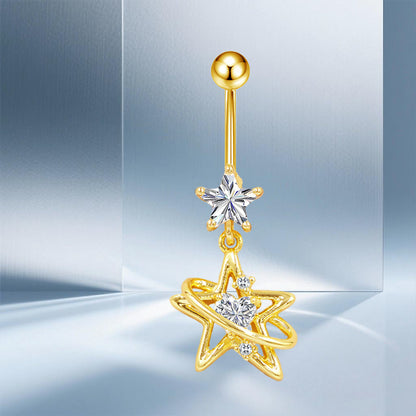 Three-dimensional Moon Copper Belly Ring With Electroplated Platinum And Zircon Inlay