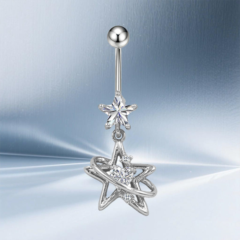 Three-dimensional Moon Copper Belly Ring With Electroplated Platinum And Zircon Inlay