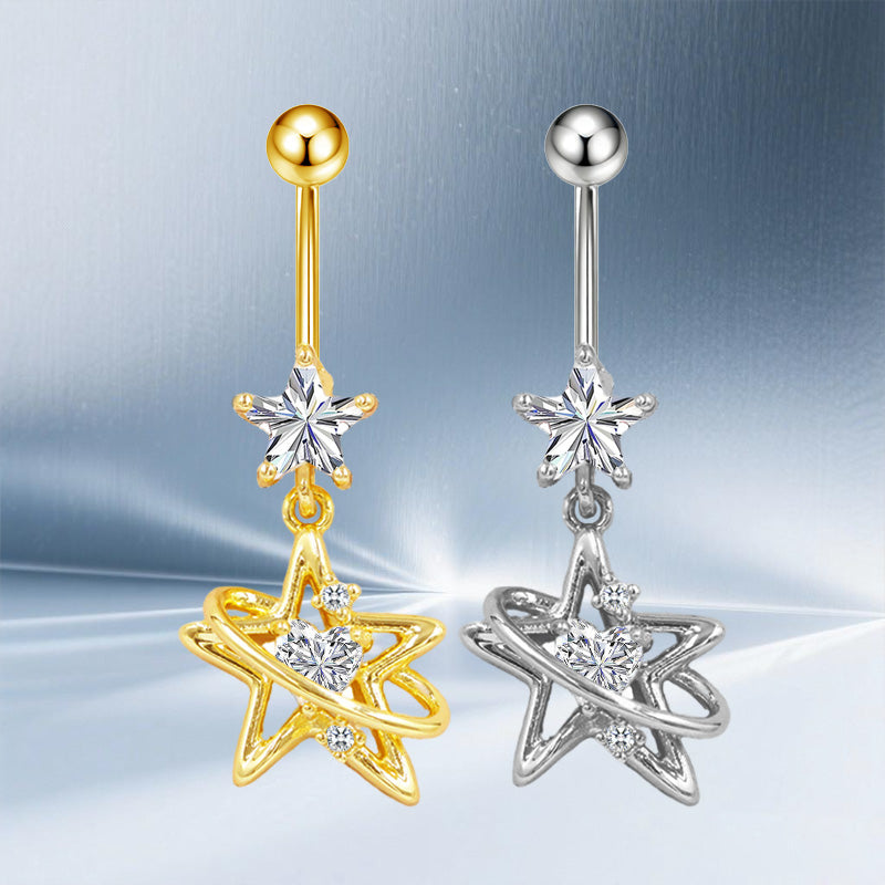 Three-dimensional Moon Copper Belly Ring With Electroplated Platinum And Zircon Inlay