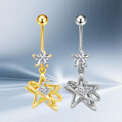 Three-dimensional Moon Copper Belly Ring With Electroplated Platinum And Zircon Inlay