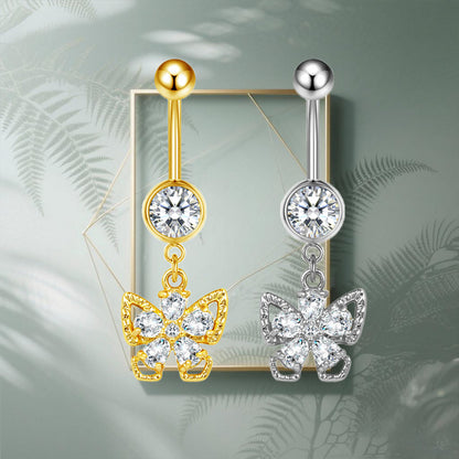 Three-dimensional Moon Copper Belly Ring With Electroplated Platinum And Zircon Inlay
