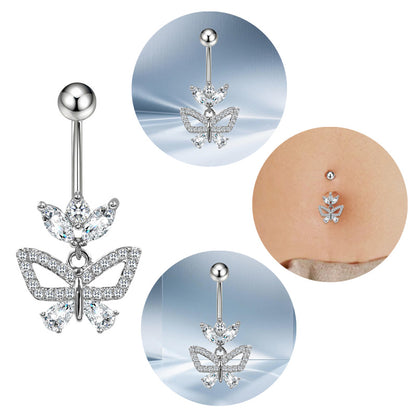 Three-dimensional Moon Copper Belly Ring With Electroplated Platinum And Zircon Inlay