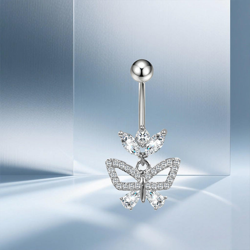 Three-dimensional Moon Copper Belly Ring With Electroplated Platinum And Zircon Inlay