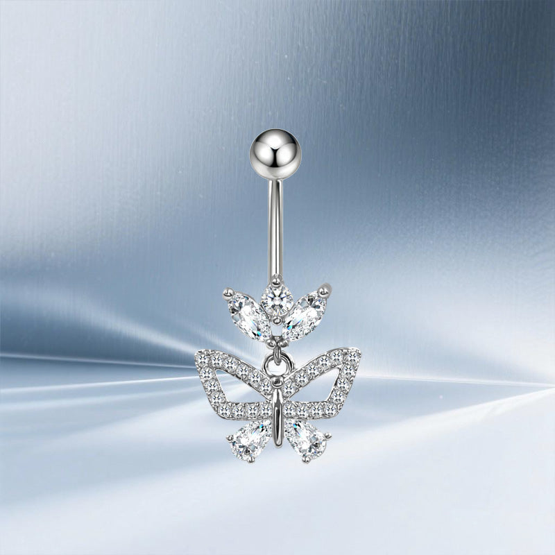 Three-dimensional Moon Copper Belly Ring With Electroplated Platinum And Zircon Inlay