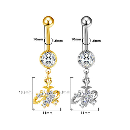 Three-dimensional Moon Copper Belly Ring With Electroplated Platinum And Zircon Inlay