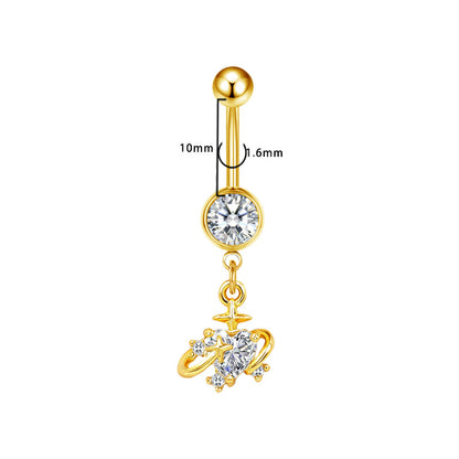Three-dimensional Moon Copper Belly Ring With Electroplated Platinum And Zircon Inlay