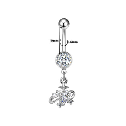 Three-dimensional Moon Copper Belly Ring With Electroplated Platinum And Zircon Inlay
