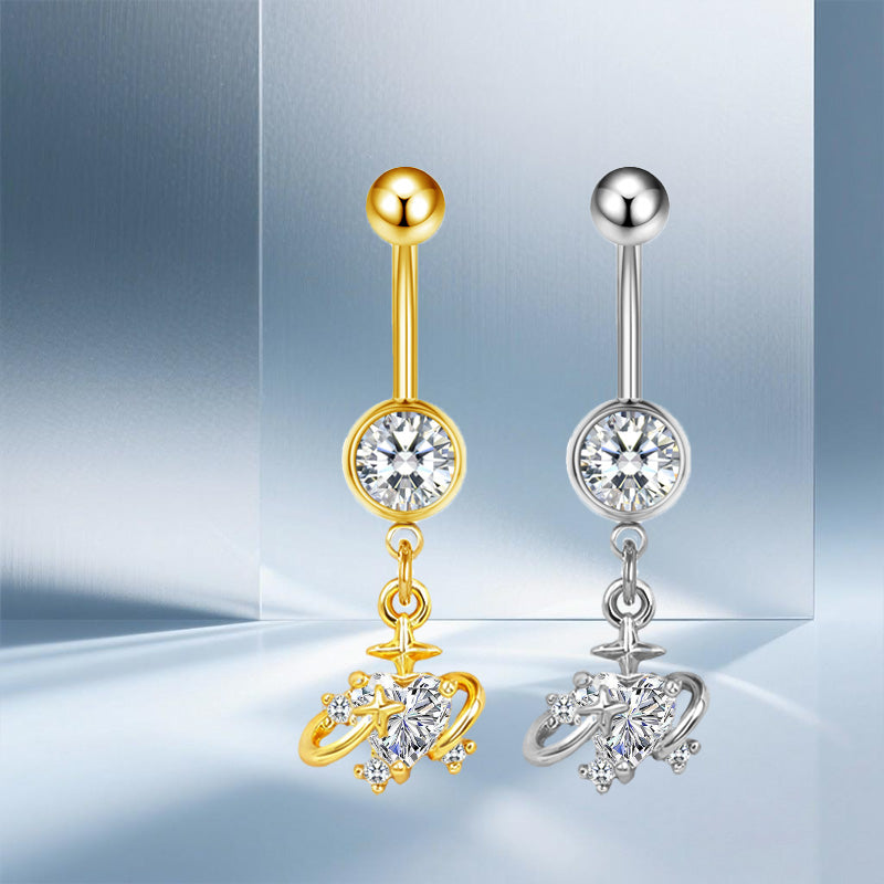 Three-dimensional Moon Copper Belly Ring With Electroplated Platinum And Zircon Inlay