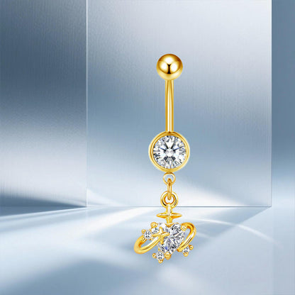 Three-dimensional Moon Copper Belly Ring With Electroplated Platinum And Zircon Inlay