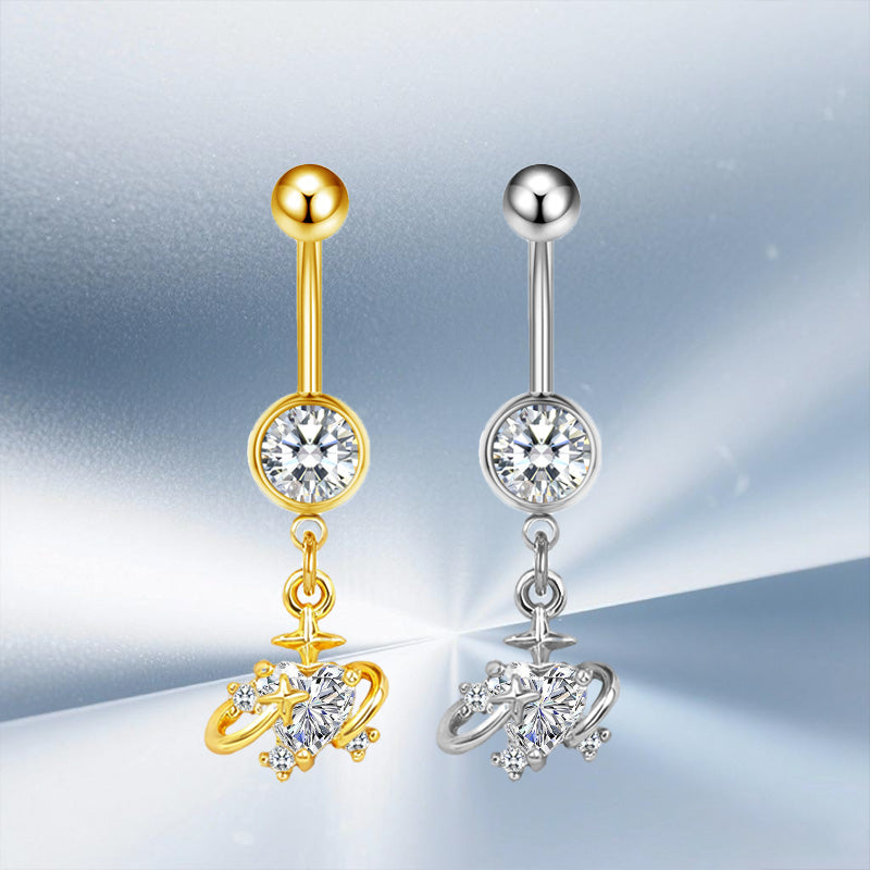 Three-dimensional Moon Copper Belly Ring With Electroplated Platinum And Zircon Inlay
