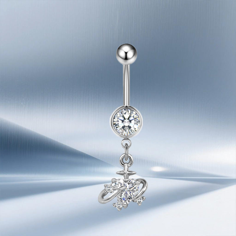 Three-dimensional Moon Copper Belly Ring With Electroplated Platinum And Zircon Inlay