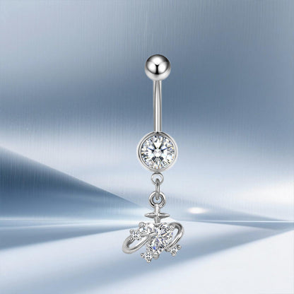 Three-dimensional Moon Copper Belly Ring With Electroplated Platinum And Zircon Inlay