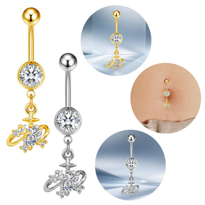 Three-dimensional Moon Copper Belly Ring With Electroplated Platinum And Zircon Inlay