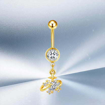 Three-dimensional Moon Copper Belly Ring With Electroplated Platinum And Zircon Inlay