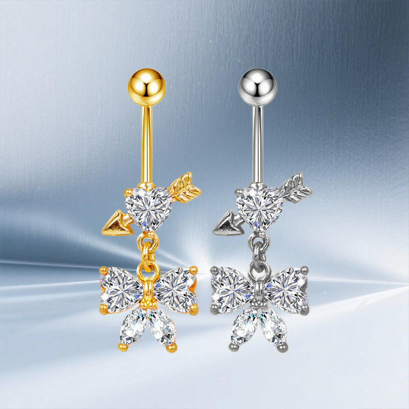 Three-dimensional Moon Copper Belly Ring With Electroplated Platinum And Zircon Inlay