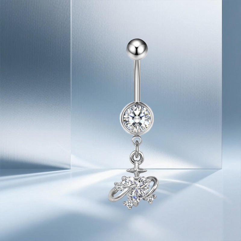 Three-dimensional Moon Copper Belly Ring With Electroplated Platinum And Zircon Inlay