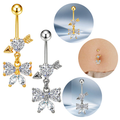Three-dimensional Moon Copper Belly Ring With Electroplated Platinum And Zircon Inlay