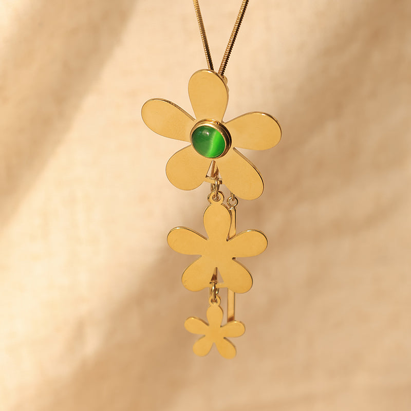 Flowers Pendant Necklace For Women In 304 Stainless Steel With 18K Real Gold Plated And Natural Stone Inlay On Snake Chain