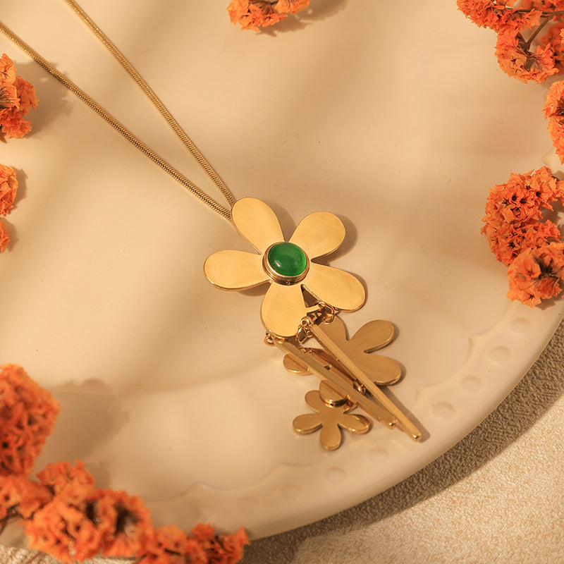 Flowers Pendant Necklace For Women In 304 Stainless Steel With 18K Real Gold Plated And Natural Stone Inlay On Snake Chain
