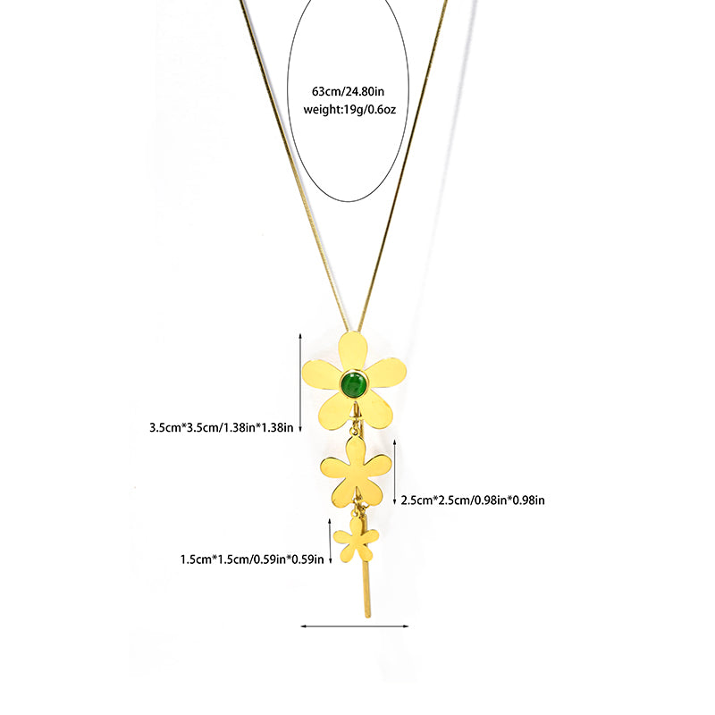 Flowers Pendant Necklace For Women In 304 Stainless Steel With 18K Real Gold Plated And Natural Stone Inlay On Snake Chain