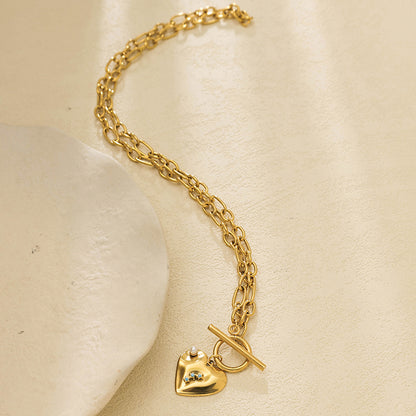 Heart Shape Pendant Necklace For Women In 304 Stainless Steel With 18K Real Gold Plated And Imitation Pearl On Cable Chain