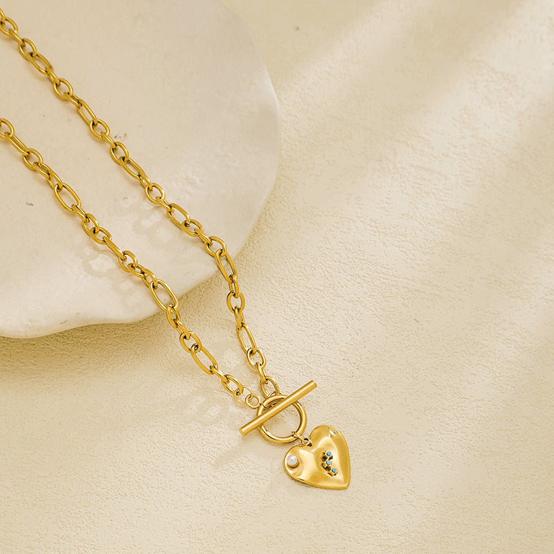 Heart Shape Pendant Necklace For Women In 304 Stainless Steel With 18K Real Gold Plated And Imitation Pearl On Cable Chain