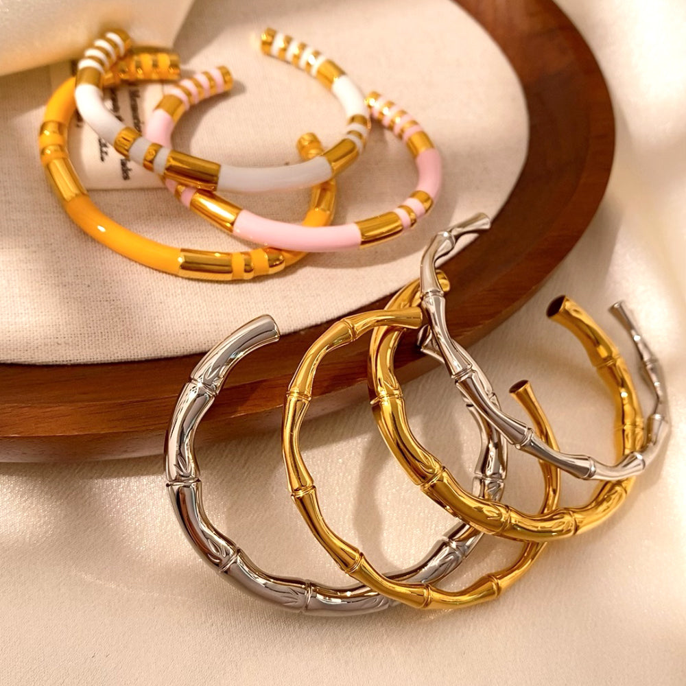 For Unisex Geometric Enamel Bangle In Titanium Steel With 18K Gold Plated PVD Coating