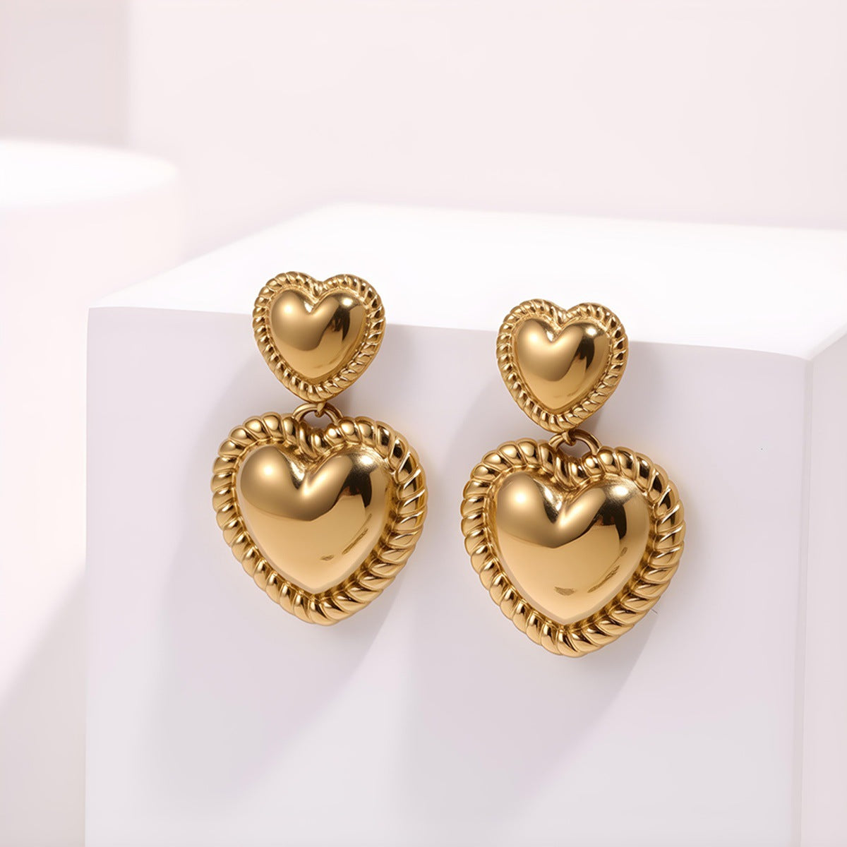 Double Heart Earrings For Women, Waterproof Non Tarnish Titanium Steel With PVD Coated Gold Plating Process