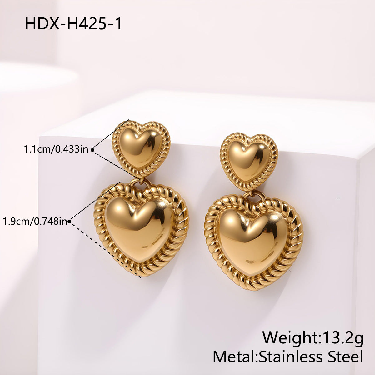 Double Heart Earrings For Women, Waterproof Non Tarnish Titanium Steel With PVD Coated Gold Plating Process