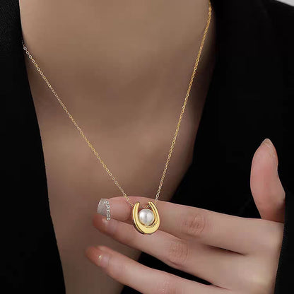 Pearl Necklace For Women In Titanium Steel With 14K Real Gold Plated Cable Chain Featuring Elegant Pearl Inlay