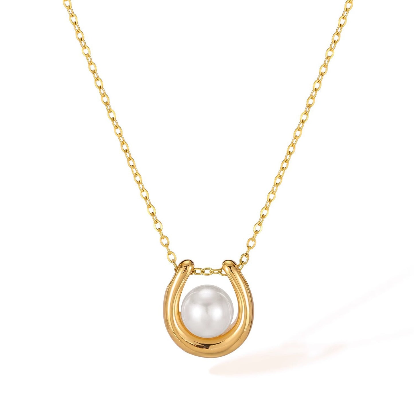 Pearl Necklace For Women In Titanium Steel With 14K Real Gold Plated Cable Chain Featuring Elegant Pearl Inlay