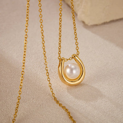 Pearl Necklace For Women In Titanium Steel With 14K Real Gold Plated Cable Chain Featuring Elegant Pearl Inlay