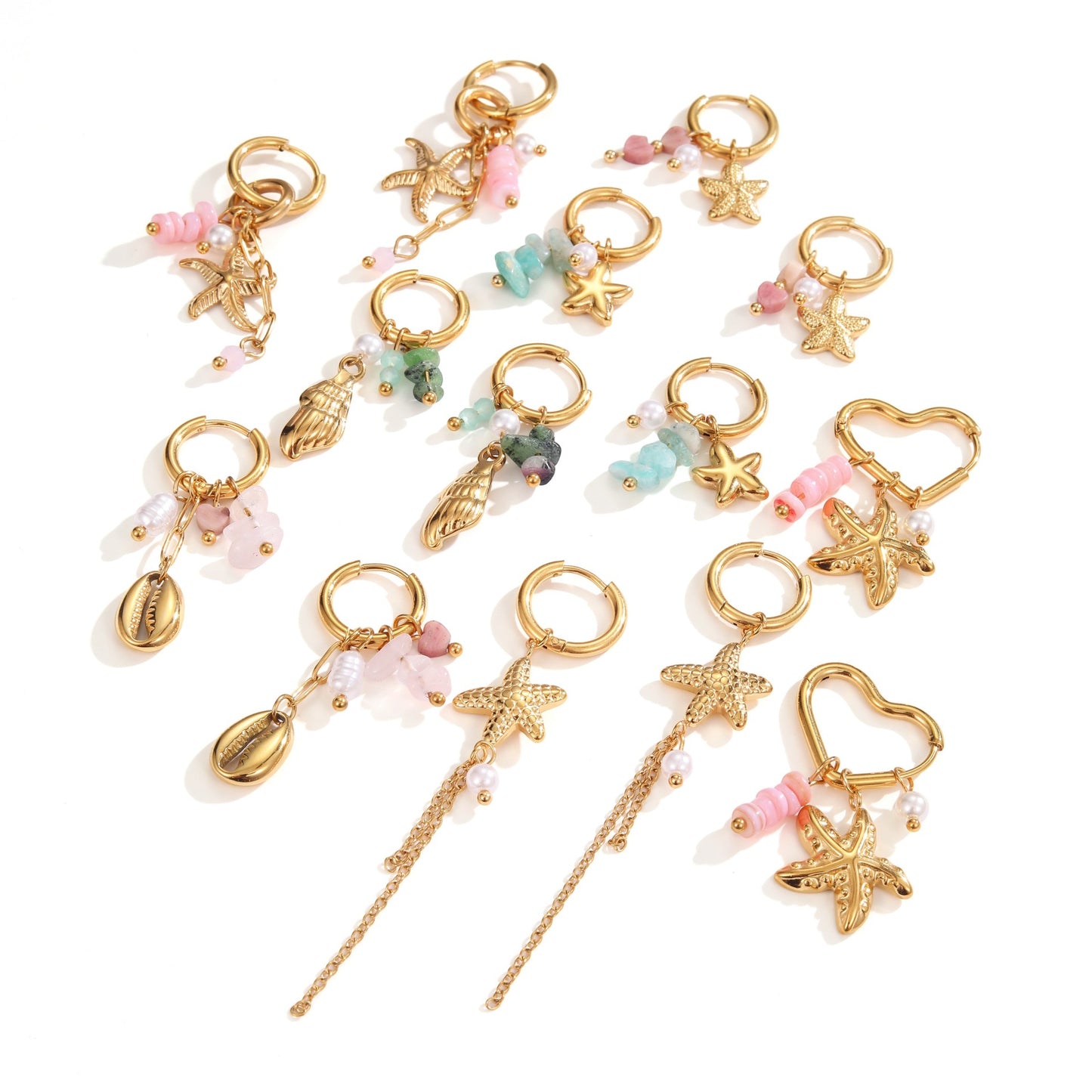 Starfish Earrings For Marine Style Featuring Shell Inlay With Golden PVD Coated Gold Plating