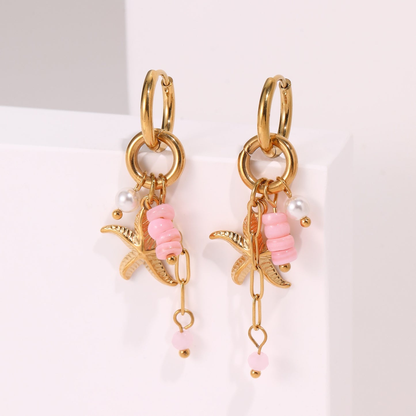 Starfish Earrings For Marine Style Featuring Shell Inlay With Golden PVD Coated Gold Plating