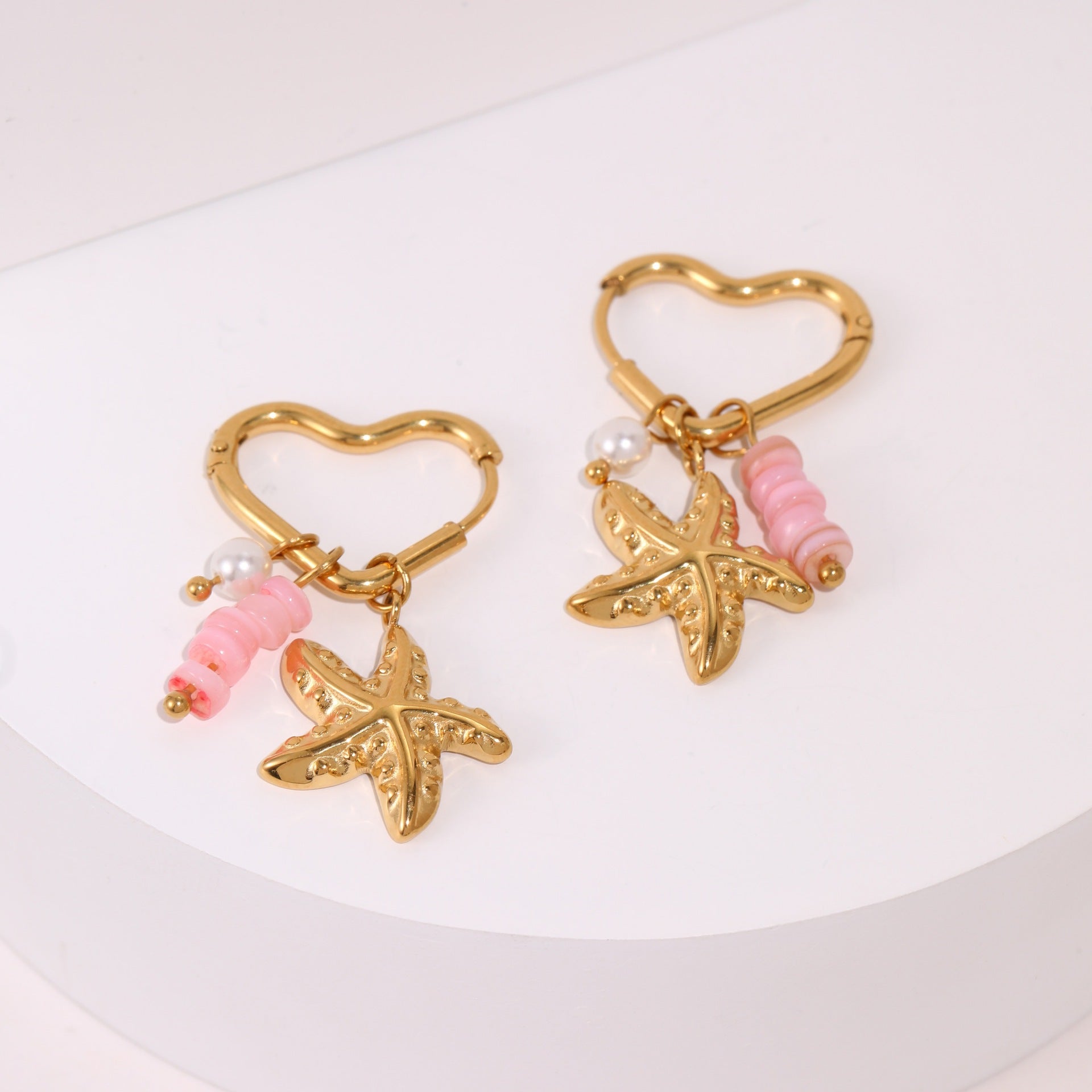 Starfish Earrings For Marine Style Featuring Shell Inlay With Golden PVD Coated Gold Plating