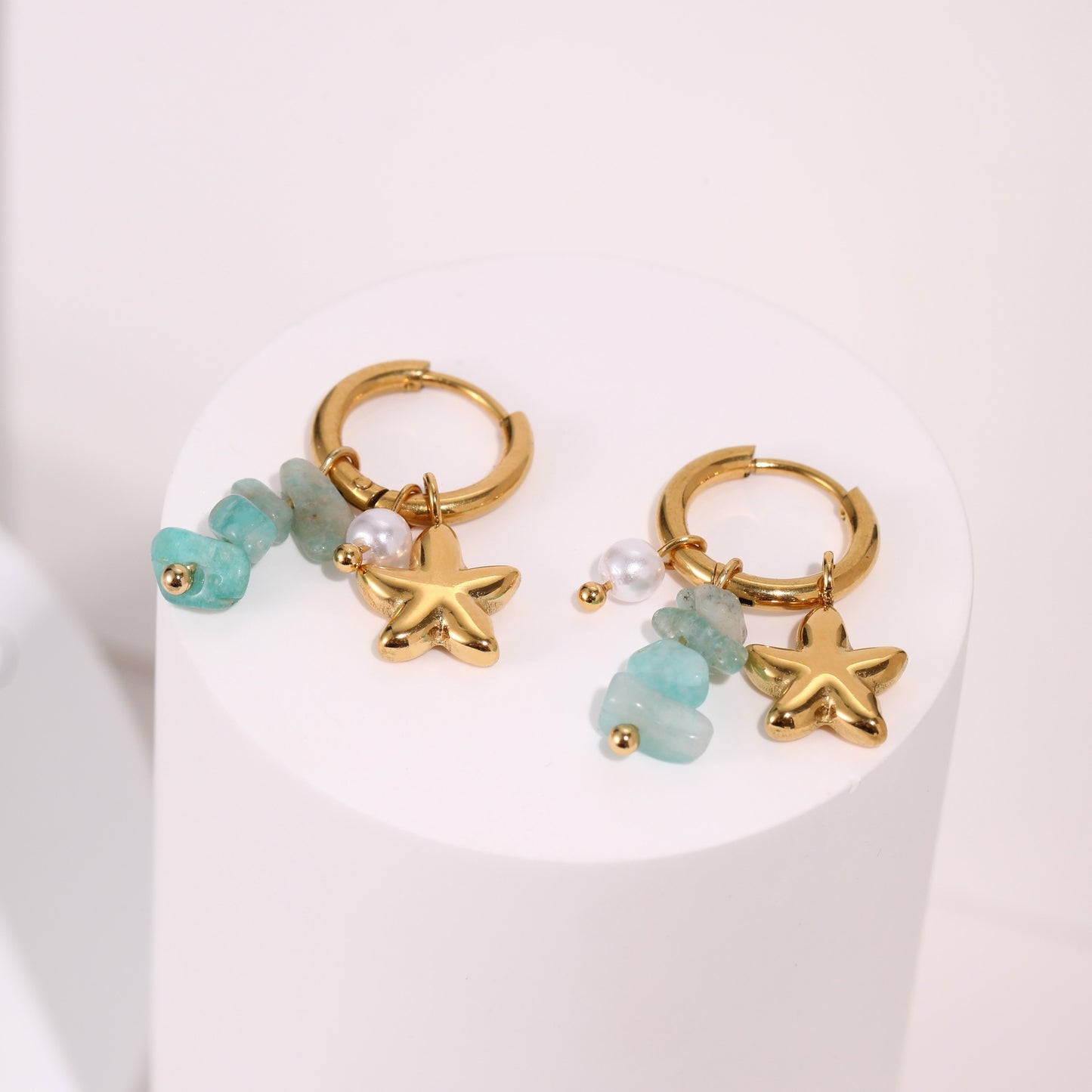 Starfish Earrings For Marine Style Featuring Shell Inlay With Golden PVD Coated Gold Plating